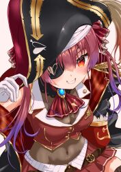 Rule 34 | 1girl, absurdres, black hat, bow, bowtie, coat, eyepatch, gloves, hat, highres, hololive, hololive fantasy, houshou marine, houshou marine (1st costume), lingmu, looking at viewer, patch, red eyes, red hair, smile, solo, two-sided coat, two-sided fabric, virtual youtuber, white gloves