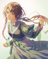 1girl braid breasts brown_hair chinese_clothes closed_mouth collared_dress dress gomi_f green_sash hair_between_eyes hair_over_shoulder hand_up long_hair long_sleeves looking_at_viewer low_ponytail original pankou ponytail ribbon sash side_braid simple_background single_braid smile solo upper_body very_long_hair white_background wide_sleeves yellow_eyes