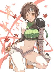 Rule 34 | 1girl, armor, bare shoulders, breasts, brown eyes, brown hair, crop top, cropped sweater, decoponmagi, final fantasy, final fantasy vii, final fantasy vii rebirth, final fantasy vii remake, fingerless gloves, gloves, green sweater, headband, highres, looking at viewer, midriff, navel, open fly, short hair, shorts, sleeveless, sleeveless turtleneck, smile, solo, sweater, turtleneck, yuffie kisaragi