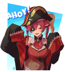 Rule 34 | 1girl, a-ka, artist logo, bare shoulders, black hat, blue background, blush, brooch, commentary request, covered navel, hair between eyes, hands up, hat, highres, hololive, houshou marine, jewelry, looking at viewer, mixed-language commentary, one eye covered, open mouth, pirate hat, polka dot, red eyes, red hair, sharp teeth, sleeves past wrists, smile, solo, teeth, two side up, upper body, virtual youtuber