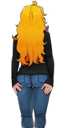 Rule 34 | 1girl, \||/, ahoge, alternate costume, archived source, ass, bad id, bad twitter id, black sweater, blonde hair, blue pants, bow, braid, commentary, cookie (touhou), cropped legs, denim, feet out of frame, from behind, hair bow, highres, jeans, kirisame marisa, long hair, mars (cookie), ohasi, pants, purple bow, side braid, simple background, single braid, sleeves past wrists, solo, sweater, touhou, white background