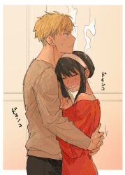 Rule 34 | 1boy, 1girl, bare shoulders, black hair, black pants, blonde hair, blue eyes, blush, closed mouth, commentary request, couple, ear blush, earrings, embarrassed, gold earrings, hairband, head steam, height difference, hetero, highres, honwaka zz, hug, husband and wife, jewelry, long hair, own hands together, pants, parted lips, red sweater, short hair, sidelocks, spy x family, sweatdrop, sweater, twilight (spy x family), upper body, veins, veiny hands, white hairband, yor briar