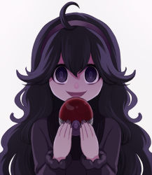 Rule 34 | 1girl, :d, @ @, ahoge, bad id, bad pixiv id, black hair, commentary request, creatures (company), dress, game freak, hairband, hands up, hex maniac (pokemon), holding, holding poke ball, long hair, long sleeves, looking at viewer, messy hair, nail polish, nintendo, open mouth, poke ball, poke ball (basic), pokemon, pokemon xy, sasamaru chimaki, smile, solo, tongue