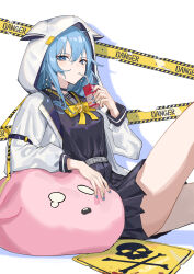 Rule 34 | 1girl, absurdres, belt, black choker, black shirt, black skirt, blue eyes, blue hair, blue nails, bow, bowtie, caution tape, choker, commentary, drink, drinking straw, drinking straw in mouth, duplicate, english commentary, grey belt, hair between eyes, highres, holding, holding drink, hololive, hood, hood up, hooded jacket, hoshimachi suisei, hoshimachi suisei (school uniform), jacket, juice box, krin (krinnin), long hair, long sleeves, looking at viewer, nail polish, open clothes, open jacket, pixel-perfect duplicate, shirt, sitting, skirt, skull and crossbones, solo, stuffed animal, stuffed toy, virtual youtuber, white jacket, yellow bow, yellow bowtie