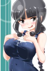Rule 34 | 10s, 1girl, alternate costume, black eyes, black hair, blunt bangs, blush, braid, breasts, covered erect nipples, covered navel, food, goji (8jikan roudou), highres, impossible clothes, impossible swimsuit, kantai collection, kitakami (kancolle), large breasts, long hair, melting, one-piece swimsuit, popsicle, school swimsuit, sidelocks, single braid, solo, sweatdrop, swimsuit, tears, upper body, wavy mouth, wet, wet hair