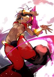 Rule 34 | 1girl, abs, abstract background, arm guards, arm on own head, arm up, blue eyes, breasts, dancing, harem pants, highres, navel, nishiide kengorou, one eye closed, open mouth, pants, pink hair, ponytail, shantae, shantae (series), solo, underboob