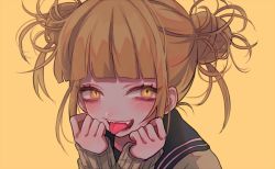 Rule 34 | 10s, 1girl, 382, :p, blonde hair, blunt bangs, blush, boku no hero academia, cardigan, double bun, fangs, hair bun, long sleeves, looking at viewer, open mouth, portrait, school uniform, serafuku, simple background, slit pupils, smile, solo, teeth, toga himiko, tongue, tongue out, twintails, yandere trance, yellow background, yellow eyes