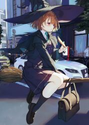 Rule 34 | 1girl, aqua necktie, bag, between legs, black footwear, blush, bread slice, broom, broom riding, brown hair, building, buttons, car, collared shirt, commentary request, cropped jacket, double-breasted, eating, feet up, food, from side, full body, green jacket, hair between eyes, hand between legs, hat, holding, holding food, jacket, kamizaki hibana, large hat, loafers, long bangs, long sleeves, looking ahead, motor vehicle, necktie, one eye closed, original, outdoors, people, pleated skirt, purple eyes, purple shirt, purple skirt, road, road sign, school bag, school uniform, shirt, shoes, short hair, sign, skirt, socks, solo focus, street, teena (kamizaki hibana), toast, toyota crown, tree, white shirt, window, witch, witch hat