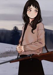 Rule 34 | 1girl, averting eyes, black hair, black skirt, blush, bolt action, brown sweater, chainsaw man, closed mouth, cloud, cloudy sky, grey eyes, gun, gun sling, highres, io (onisarashi), long hair, looking to the side, mole, mole on cheek, mole under eye, outdoors, own hands together, pine tree, remington model 700, rifle, santa claus (chainsaw man), skirt, sky, sniper rifle, snow, solo, strap, sweater, tree, weapon, weapon request