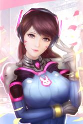 Rule 34 | 1girl, alternate breast size, alternate eye color, animal print, armor, artist name, bodysuit, bracer, breasts, brown hair, closed mouth, d.va (overwatch), eyelashes, facepaint, facial mark, gloves, hand to head, hand up, headphones, large breasts, lips, lipstick, long hair, long sleeves, looking at viewer, makeup, overwatch, overwatch 1, pauldrons, pilot suit, pink lips, purple eyes, rabbit print, ribbed bodysuit, shoulder armor, shoulder pads, skin tight, smile, solo, symbol-shaped pupils, turtleneck, upper body, whisker markings, white gloves, zhai xiao fei