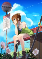 Rule 34 | 1girl, ankle boots, bad id, bad pixiv id, bare shoulders, bench, blue eyes, boots, bra, breasts, brown hair, bus stop, cleavage, day, fence, flower, folded ponytail, gun, hair up, highres, hitotose hirune, katana, medium breasts, original, sitting, sky, solo, striped bra, striped clothes, sword, underwear, weapon