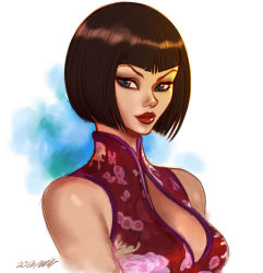 Rule 34 | 1girl, anna williams, blue eyes, bob cut, breasts, brown hair, china dress, chinese clothes, cleavage, cleavage cutout, clothing cutout, dress, halterneck, lips, lipstick, makeup, nose, seeso2d, short hair, solo, source request, tekken, upper body