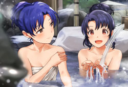 Rule 34 | 2girls, :o, bare arms, bare shoulders, blue hair, blurry, blurry foreground, blush, breasts, brown eyes, cleavage, collarbone, hair up, hanamasa ono, idolmaster, idolmaster (classic), idolmaster million live!, in water, kisaragi chihaya, looking to the side, multiple girls, naked towel, onsen, open mouth, outdoors, parted bangs, purple hair, red eyes, rock, small breasts, smile, steam, takayama sayoko, towel, tree, water