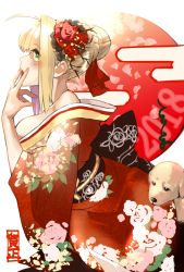 Rule 34 | 10s, 1girl, ahoge, blonde hair, breasts, commentary request, fate/extra, fate/grand order, fate (series), green eyes, japanese clothes, kimono, large breasts, nero claudius (fate), nero claudius (fate), nero claudius (fate/extra), short hair, solo, torimahera
