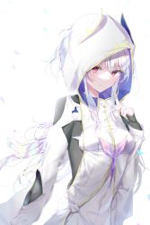 Rule 34 | 1girl, bad id, bad pixiv id, black gloves, breasts, closed mouth, commentary request, fate/grand order, fate/grand order arcade, fate/prototype, fate (series), fingerless gloves, gloves, hair between eyes, hand up, hood, hood up, hooded robe, index finger raised, long hair, looking at viewer, merlin (fate/prototype), petals, qlakwnd, red eyes, robe, silver hair, simple background, small breasts, smile, solo, upper body, very long hair, white background, white robe