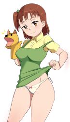 Rule 34 | 1girl, aged up, alternate breast size, bare legs, blush, bow, bow panties, breasts, brown eyes, brown hair, digimon, digimon tamers, dress, dress shirt, female focus, green dress, hair ornament, hairpin, hand puppet, highres, katou juri, large breasts, lifted by self, long hair, looking at viewer, naughty face, pabsmikan, panties, pink bow, puppet, ribbon, shirt, short sleeves, sidetail, simple background, sleeveless, sleeveless dress, smile, solo, thong, underwear, white background, white panties, yellow shirt