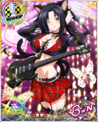 Rule 34 | 1girl, animal ears, bishop (chess), black hair, black neckwear, black thighhighs, breasts, bug, butterfly, card (medium), cat ears, cat tail, character name, chess piece, choker, cleavage, crop top, garter straps, guitar, hair rings, hairband, heart, heart choker, heart pendant, high school dxd, high school dxd born, insect, instrument, jewelry, kuroka (high school dxd), large breasts, lipstick, long hair, makeup, midriff, multiple tails, navel, official art, one eye closed, pendant, purple lips, skirt, slit pupils, smile, solo, standing, stomach, tail, thighhighs, trading card, yellow eyes, zettai ryouiki