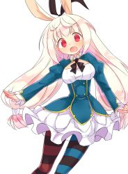 Rule 34 | 1girl, alice (grimms notes), alice (grimms notes) (cosplay), animal ears, asymmetrical legwear, blush, cosplay, dress, grimms notes, hair ribbon, highres, kirara ookami, kyuuri (miyako), long hair, low-tied long hair, mismatched legwear, open mouth, pantyhose, pop-up story, rabbit ears, rabbit girl, red eyes, ribbon, simple background, smile, solo, striped clothes, striped pantyhose, striped thighhighs, thighhighs, white background