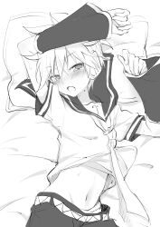 Rule 34 | 1boy, arm above head, bass clef, bed sheet, belt, black sailor collar, black shorts, black sleeves, blush, clothes lift, detached sleeves, embarrassed, half-closed eyes, headphones, headset, highres, kagamine len, looking at viewer, loose necktie, lying, midriff peek, navel, necktie, nervous, on back, open mouth, pillow, sailor collar, sailor shirt, sexually suggestive, shirt, shirt lift, shorts, spiked hair, sudachi (calendar), sweatdrop, vocaloid