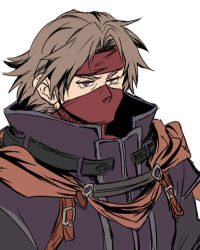 Rule 34 | 1boy, black jacket, brown hair, commentary request, fire emblem, fire emblem: radiant dawn, headband, high collar, jacket, lowres, male focus, mask, mouth mask, nintendo, red eyes, red headband, short hair, simple background, solo, upper body, volke (fire emblem), white background, yuzuwata