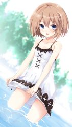 Rule 34 | bare shoulders, blanc, blanc (neptunia), blue eyes, blush, breasts, brown hair, cleavage, dress, forest, happy, iwashi dorobou -r-, lake, nature, neptune (series), open mouth, short hair, skirt, small breasts, thighs, tree, water