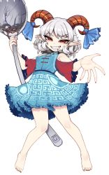 Rule 34 | 1girl, absurdres, bare shoulders, barefoot, blue dress, blue ribbon, dress, earrings, fingernails, full body, grey hair, grin, highres, holding, holding spork, horn ornament, horn ribbon, horns, jewelry, meandros, nail polish, nyong nyong, pointy ears, red eyes, red horns, red nails, red sleeves, ribbon, sharp teeth, sheep horns, short hair, simple background, smile, solo, spork, teeth, touhou, toutetsu yuuma, white background