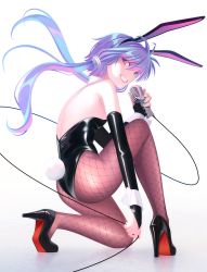 Rule 34 | 1girl, animal ears, ass, bare shoulders, black footwear, black gloves, black leotard, breasts, brown pantyhose, commentary request, detached collar, fake animal ears, fishnet pantyhose, fishnets, full body, gloves, high heels, highres, holding, holding microphone, leotard, long hair, looking at viewer, low twintails, microphone, mikoma sanagi, on one knee, pantyhose, playboy bunny, purple hair, rabbit ears, rabbit tail, red eyes, shoes, short hair with long locks, small breasts, smile, solo, tail, twintails, voiceroid, white background, wrist cuffs, yuzuki yukari