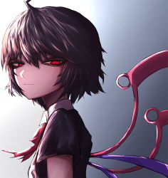 Rule 34 | 1girl, 33 gaff, ahoge, asymmetrical wings, black dress, black hair, breasts, closed mouth, dress, expressionless, from side, gradient background, grey background, hair between eyes, half-closed eyes, houjuu nue, looking at viewer, red eyes, red neckwear, short hair, short sleeves, simple background, small breasts, solo, touhou, upper body, wing collar, wings