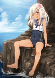 Rule 34 | 1girl, :d, arms at sides, bare legs, barefoot, black one-piece swimsuit, blonde hair, blue one-piece swimsuit, blue sky, blush, breasts, broiler, character name, clothes writing, cloud, covered navel, crop top, day, feet, full body, highres, horizon, japanese flag, kantai collection, long hair, looking away, looking down, ocean, one-piece swimsuit, one-piece tan, open mouth, ro-500 (kancolle), rock, school swimsuit, shiny skin, sitting, sitting on rock, skin tight, sky, sleeveless, small breasts, smile, solo, starfish hair ornament, straight hair, swimsuit, swimsuit under clothes, tan, tanline, tareme, teeth, upper teeth only, water, water drop, wet, wet clothes, wet swimsuit