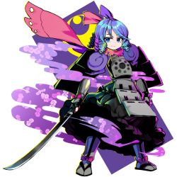 Rule 34 | anmita (rarutos), armor, black dress, black footwear, blue eyes, blue hair, bow, disembodied hand, dress, drill hair, facing viewer, fingerless gloves, footwear bow, glove bow, gloves, hair bow, hair ornament, holding, holding weapon, infinite blade pavilion, kabutozukamori kikyou, layered dress, looking at viewer, red bow, sandals, simple background, smile, smoke, solo, spread legs, sword, torn clothes, touhou, weapon
