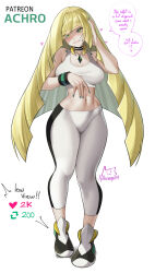 Rule 34 | 1girl, achromaru, adapted costume, blonde hair, blue nails, breasts, choker, creatures (company), english text, full body, game freak, green eyes, heart, highres, jewelry, large breasts, long hair, looking at viewer, lusamine (pokemon), nail polish, navel, necklace, nintendo, pants, pokemon, pokemon sm, shoes, smile, solo, speech bubble, standing, sweatpants, tank top, white background, wide hips, wristband