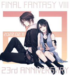 Rule 34 | 1boy, 1girl, anniversary, arm ribbon, arm warmers, bare shoulders, belt, black footwear, black gloves, black hair, black jacket, black pants, black ribbon, black shorts, blue cardigan, blue eyes, breasts, brown eyes, brown hair, cardigan, couple, cropped jacket, dated, final fantasy, final fantasy viii, foot out of frame, full body, fur collar, gloves, hair between eyes, hiryuu (kana h), jacket, jewelry, long hair, long sleeves, looking at viewer, medium breasts, multicolored hair, multiple belts, necklace, open mouth, pants, ribbon, rinoa heartilly, scar, scar on face, shirt, short hair, shorts, sitting, sleeveless, sleeveless shirt, smile, squall leonhart, streaked hair, thigh strap, v, white background, white shirt