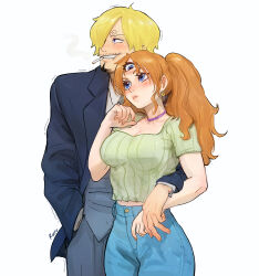 Rule 34 | 1boy, 1girl, arm around waist, blonde hair, blue eyes, blue pants, blush, breasts, brown hair, buttons, charlotte pudding, choker, cigarette, cleavage, commentary, couple, curly eyebrows, denim, earrings, english commentary, facial hair, green shirt, hair over one eye, hand in pocket, hetero, highres, hug, jacket, jeans, jewelry, large breasts, lips, long hair, long sleeves, looking at another, looking to the side, mouth hold, necktie, one piece, pants, rollo (kuyuen1), sanji (one piece), shirt, short hair, short sleeves, smoke, smoking, teeth, thighs, third eye, trembling, twintails, vest, white background