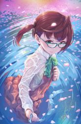 Rule 34 | 1girl, blue-framed eyewear, bow, bowtie, bra, brown hair, cherry blossoms, closed mouth, commentary request, dress, glasses, green bow, green bowtie, green bra, green eyes, holding, kantai collection, long sleeves, looking at viewer, okinami (kancolle), one side up, petals, polka dot, polka dot bra, purple dress, school uniform, see-through, shirt, short hair, solo, sparkle, tomamatto, training bra, underwear, wading, water, wet, wet clothes, white shirt