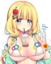 Rule 34 | 1girl, bikini, blonde hair, blush, braid, breasts, bubble tea challenge, commentary request, covered erect nipples, drinking, drinking straw, green eyes, green shirt, hair between eyes, hair ornament, hair ribbon, highres, large breasts, looking at viewer, micro bikini, original, ribbon, ringo sui, shirt, solo, sparkle, swimsuit, twin braids, upper body, v, white background