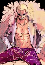 Rule 34 | 1boy, abs, blonde hair, chief (chiefvinsmoke), coat, commentary request, donquixote doflamingo, earrings, evil grin, evil smile, feather coat, grin, groin, hands in pockets, highres, jewelry, korean commentary, long sleeves, male focus, muscular, muscular male, navel, one piece, pants, pectorals, pink coat, shirt, short hair, sitting, smile, solo, sunglasses, teeth, tinted eyewear, veiny face, white shirt