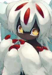 Rule 34 | 1girl, black skin, brown eyes, claws, colored skin, dark-skinned female, dark skin, extra arms, faputa, female focus, fur, highres, looking at viewer, made in abyss, monster girl, own hands together, ria2067, solo, very dark skin, white fur, white hair