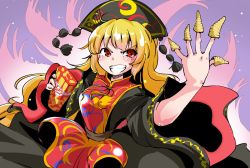 Rule 34 | 1girl, black dress, blonde hair, bugles, bugles (food), bugles on fingers, chinese clothes, commentary request, dress, food, food on hand, grin, hat, highres, junko (touhou), long hair, long sleeves, red eyes, sash, shinapuu, smile, solo, touhou