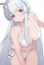 Rule 34 | 1girl, absurdres, alternate costume, bare shoulders, bikini, blue archive, blunt bangs, blush, breasts, cleavage, closed mouth, collarbone, commentary request, cowboy shot, grey hair, halo, halterneck, headgear, highres, id card, large breasts, leaning forward, long hair, looking at viewer, mechanical halo, nanami kazuki, navel, noa (blue archive), purple eyes, signature, simple background, smile, solo, string bikini, swimsuit, thighs, very long hair, white background, white bikini