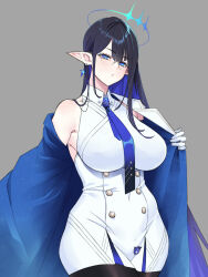 Rule 34 | 1girl, armband, bare shoulders, black hair, black pantyhose, blue archive, blue eyes, blue hair, breasts, buttons, coat, collared dress, colored inner hair, double-breasted, dress, earrings, eyeliner, glasses, gloves, grey background, halo, hayama kazusa, highres, jewelry, large breasts, long hair, long sleeves, looking at viewer, makeup, multicolored hair, necktie, off shoulder, open clothes, open coat, pantyhose, pointy ears, rin (blue archive), short dress, solo, very long hair, white coat, white dress, white gloves
