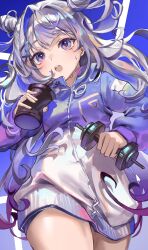 Rule 34 | 1girl, absurdres, amane kanata, blue background, blue hair, cocoballking, cowboy shot, curly hair, double bun, drink, exercising, gradient hair, hair bun, highres, holding, holding drink, hololive, hood, hoodie, light blush, long hair, looking at viewer, multicolored hair, open mouth, pink lips, purple eyes, shorts, solo, surprised, sweat, teeth, upper teeth only, virtual youtuber, weights