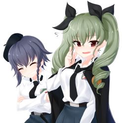 Rule 34 | 10s, 2girls, :d, anchovy (girls und panzer), bad id, bad twitter id, belt, belt buckle, beret, black cape, black hair, black necktie, black ribbon, blue skirt, braid, breasts, brown eyes, buckle, cape, closed eyes, collared shirt, dress shirt, drill hair, emblem, eyebrows, fang, finger to cheek, girls und panzer, green hair, grin, hair ornament, hair ribbon, hands on own stomach, hat, highres, laughing, long hair, long sleeves, looking at viewer, miniskirt, multiple girls, narynn, necktie, open mouth, pepperoni (girls und panzer), purple hair, ribbon, school uniform, shirt, short hair, side braid, simple background, skirt, smile, teeth, twin drills, twintails, upper body, white background, white shirt, wing collar