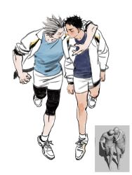 Rule 34 | 2boys, akaashi keiji, arm around shoulder, black hair, blue shirt, bokuto koutarou, chengongzi123, collared jacket, commentary, english commentary, full body, grey hair, haikyuu!!, highres, jacket, knee pads, long sleeves, looking at another, male focus, multicolored hair, multiple boys, open clothes, open jacket, open mouth, reference inset, running, shirt, shoes, short hair, shorts, simple background, sneakers, standing, standing on one leg, streaked hair, thick eyebrows, very short hair, white background, white footwear, white jacket, white shorts