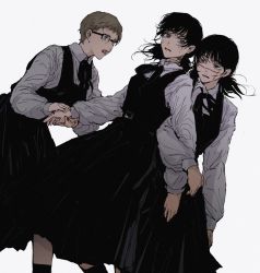 Rule 34 | 3girls, belt, black-framed eyewear, black dress, black hair, blue eyes, brown hair, chainsaw man, collared shirt, dress, dual persona, eye contact, facial scar, feet out of frame, fighting, glasses, hand grab, highres, locked arms, looking at another, medium hair, mitaka asa, multiple girls, neck ribbon, open mouth, pinafore dress, red eyes, ribbon, ringed eyes, scar, scar on cheek, scar on face, scar on nose, school uniform, shirt, short hair, short twintails, simple background, sleeveless dress, standing, sweat, twintails, white background, white shirt, yoru (chainsaw man), yukke (nama29 umai), yuko (chainsaw man)