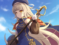Rule 34 | 1girl, azur lane, bare shoulders, beret, blue dress, blue hat, blue sky, blunt bangs, blush, breasts, brown eyes, chagara, closed mouth, cloud, commentary request, cross, day, detached sleeves, dress, frown, gloves, hair ornament, hat, highres, holding, holding sword, holding weapon, iron cross, long hair, long sleeves, looking at viewer, mole, mole under eye, outdoors, silver hair, sky, sleeveless, sleeveless dress, small breasts, solo, sword, very long hair, weapon, white gloves, yellow eyes, z46 (azur lane)