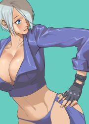Rule 34 | 1girl, angel (kof), aqua background, blue eyes, breasts, cleavage, hair over one eye, hand on own hip, highres, jacket, large breasts, looking to the side, midriff, qazlazz33, short hair, solo, the king of fighters, white hair