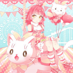Rule 34 | 1girl, alternate costume, aqua bow, arm warmers, artist name, artist request, balloon, bare shoulders, blue bow, blunt bangs, blush, bow, breasts, brown eyes, carnival, cross-laced footwear, dreamy kids&#039; land (love live!), dress, female focus, flat chest, green bow, hair bow, holding, holding balloon, leg warmers, looking at viewer, love live!, love live! nijigasaki high school idol club, love live! school idol festival, love live! school idol festival all stars, miniskirt, outdoors, parted lips, pink footwear, pink hair, plaid, plaid dress, plaid skirt, pleated, pleated dress, pleated skirt, shoes, short hair, sitting, skirt, small breasts, smile, solo, stuffed animal, stuffed cat, stuffed toy, sweater, tennoji rina, turtleneck, turtleneck sweater, yellow bow, yellow eyes
