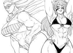 Rule 34 | 2girls, abs, armpits, bandeau, bb (baalbuddy), biceps, bikini, boku no hero academia, breasts, cleavage, commentary, domino mask, english commentary, facepaint, floating hair, fuuma kotarou (tenkaichi), greyscale, grin, hands up, highres, large breasts, looking at viewer, mask, monochrome, multiple girls, muscular, muscular female, navel, one eye closed, simple background, smile, star and stripe, swimsuit, tenkaichi nihon saikyou bugeisha ketteisen, white background