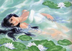 Rule 34 | 1girl, black hair, brown eyes, flower, lily (flower), lily pad, long hair, looking at viewer, one-piece swimsuit, painting (medium), parted lips, partially submerged, solo, swimsuit, takada akemi, traditional media, water, watercolor (medium), white one-piece swimsuit