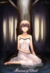 Rule 34 | 1girl, absurdres, breasts, brown hair, bug, butterfly, dress, highres, insect, nipples, open mouth, original, purple eyes, see-through, short hair, sitting, solo, transparent, tree, water, wei ji